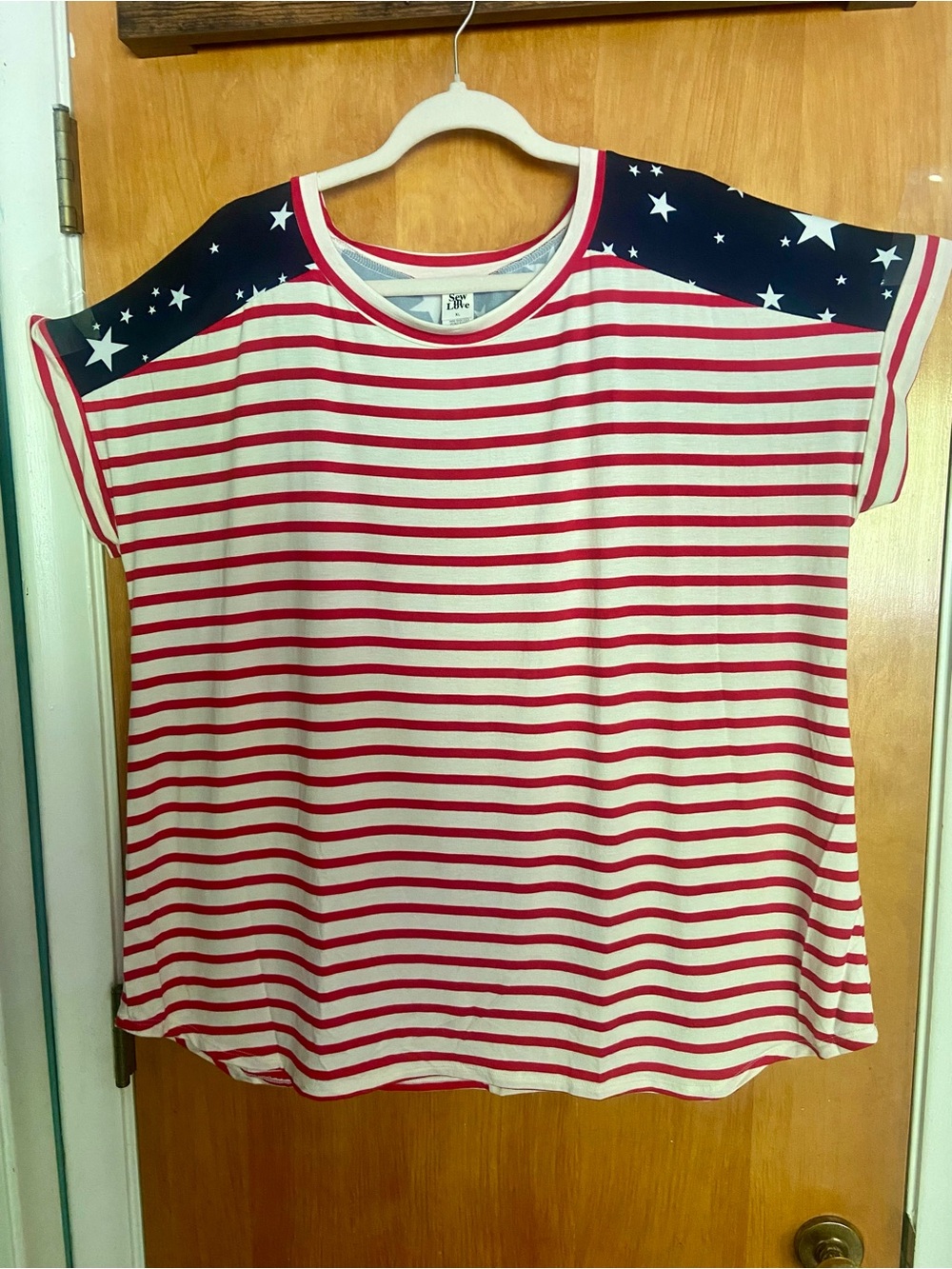 🇺🇸Sew In Love Red & White Striped Tee with Navy Star Shoulders🇺🇸 - Picture 1 of 5